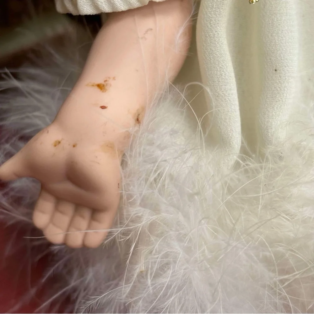 Porcelain Girl Doll Cloth Body Sitting Brown ling hair fancy Cream nightgown